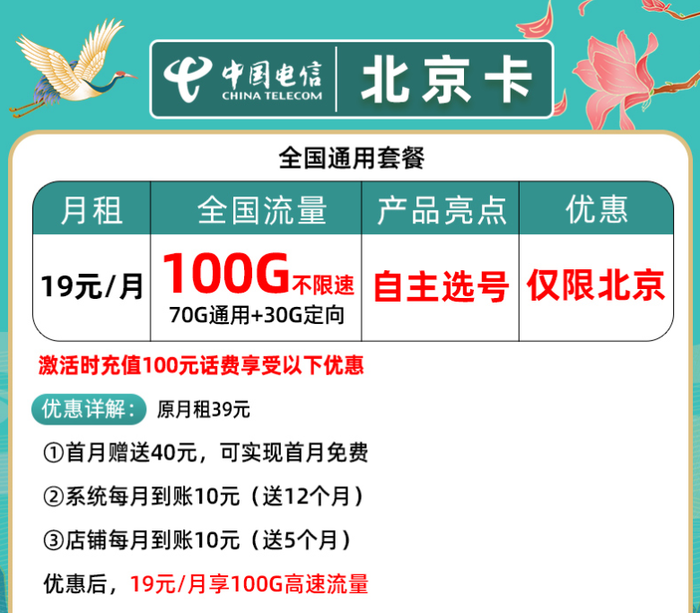 北京電信純流量卡 月租僅19元包含100G大流量不限速自主選號(hào)手機(jī)卡