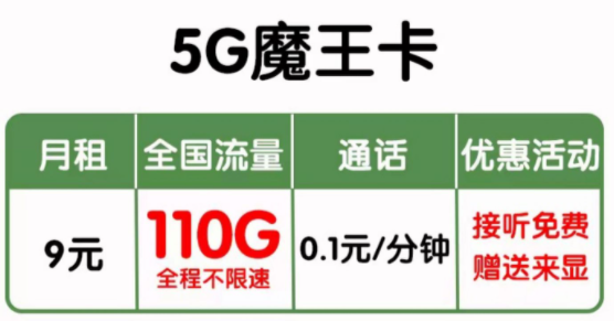 聯通5G魔王卡 9元包全國110G流量+0.1分鐘 全國通用 營業(yè)廳直發(fā)