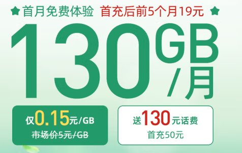 中國(guó)電信 19元大流量卡 內(nèi)含180話費(fèi) 每月130G流量 套餐20年有效 首月免費(fèi)體驗(yàn)