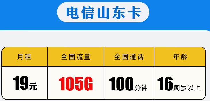 中國移動(dòng) 【地區(qū)卡】山東電信19元包105G全國流量+100分鐘通話 長(zhǎng)期有效套餐卡