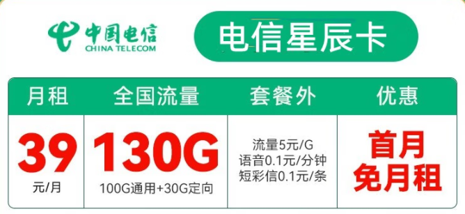 中國電信大爆發(fā) 【電信星辰卡】39元包130G超大流量 看劇游戲兩不誤 首月免月租