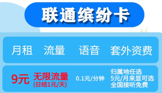 月租不超10元【聯(lián)通繽紛、落櫻卡】月租9元享無限流量（日結(jié)1元/天）歸屬地任選