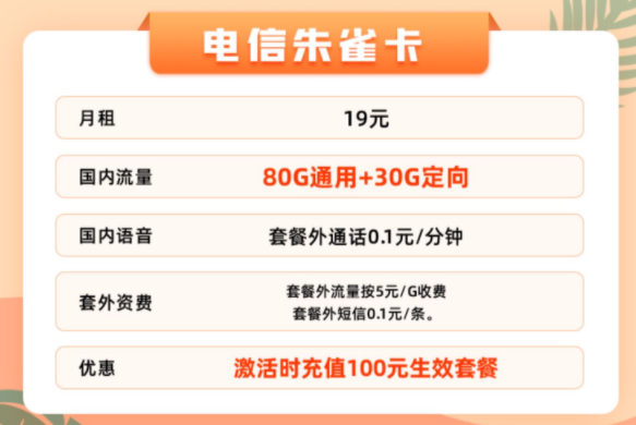 【電信朱雀卡】流量卡套餐推薦 月租低優(yōu)惠多流量大僅需19元即可享100多G全國流量