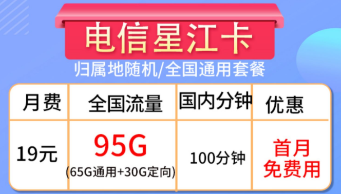 全國通用流量卡套餐推薦 19元95G全國流量+100分鐘通話+首月免費(fèi)用手機(jī)上網(wǎng)卡