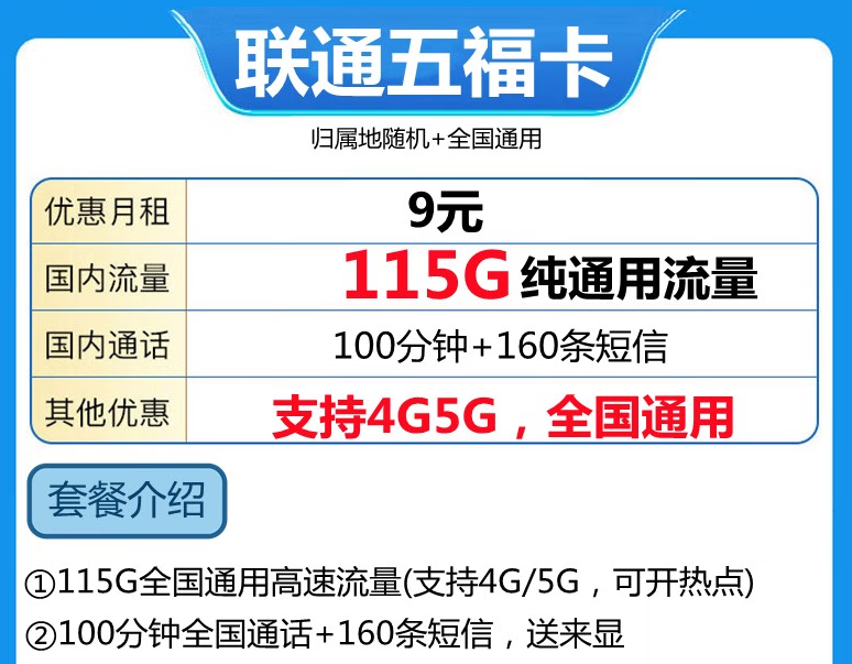 聯(lián)通9元115G純通用流量卡套餐 19元39元套餐推薦全國通用