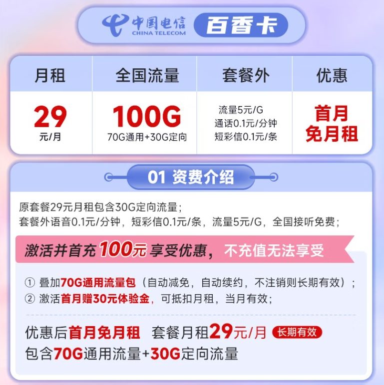 中國(guó)電信官方套餐 官方可查正規(guī)號(hào)碼月租優(yōu)惠至29元100G全國(guó)流量套餐介紹