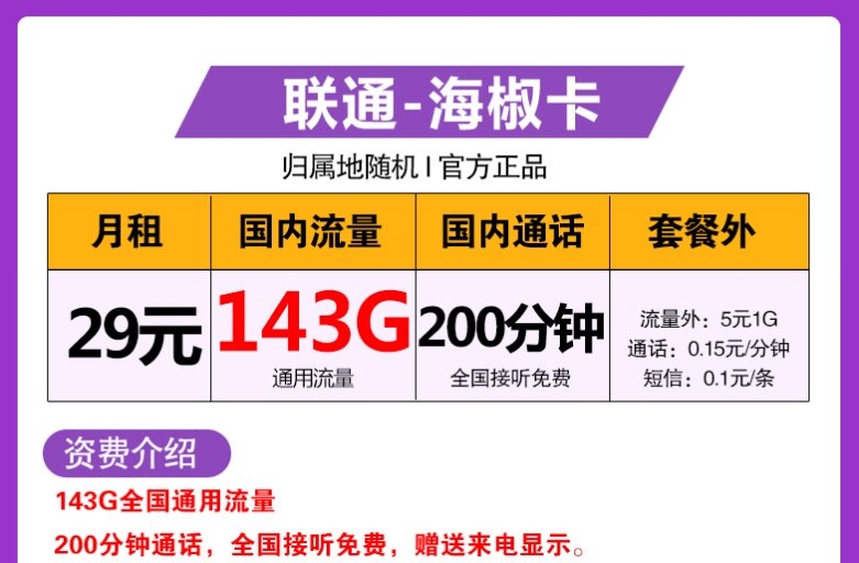 聯(lián)通海椒卡、福鑫卡、五?？ㄌ撞徒榻B 最低月租僅需9元享115G全國流量+語音+短信