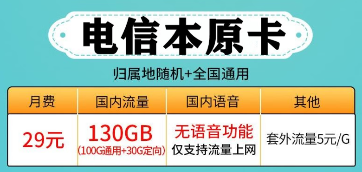 中國電信本原卡 純流量套餐29元130G全國流量學(xué)生通用卡