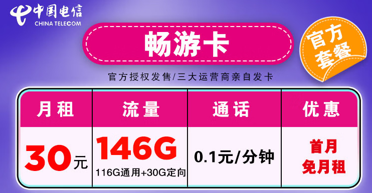 中國(guó)電信流量網(wǎng)卡 低月租不限速學(xué)生卡暢游卡30元146G+首月免租