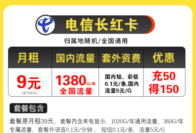 電信超值優(yōu)惠套餐有哪些？電信長(zhǎng)紅卡，月租9元包含125G全國(guó)流量/月不限速手機(jī)上網(wǎng)卡