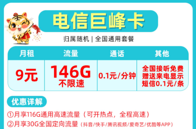 非常受歡迎的流量卡套餐有哪些？電信巨峰卡9元包含146G全國(guó)來(lái)了不限速+首月免費(fèi)