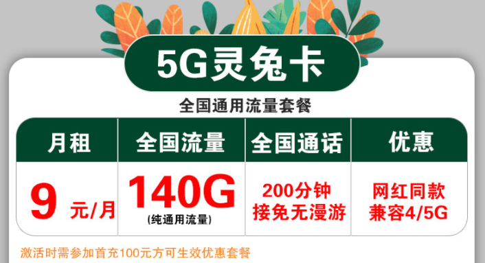 聯(lián)通5G流量卡套餐推薦 聯(lián)通5G靈兔卡月租9元波140G通用流量+200分鐘語(yǔ)音4、5G兼容