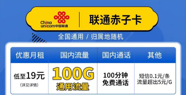 聯(lián)通赤子卡、精英卡套餐介紹 最低19元月租包100G通用+100分鐘語(yǔ)音全國(guó)可以手機(jī)卡