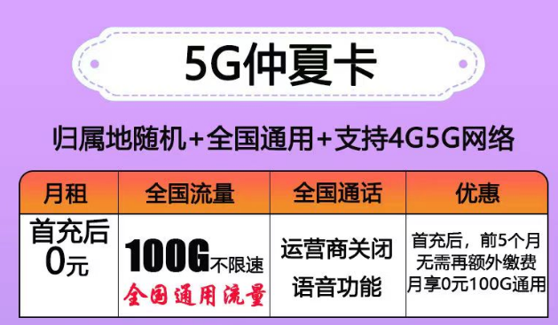 長(zhǎng)期可用的流量卡套餐推薦 仲夏卡前5個(gè)月0月租后19元100G通用流量