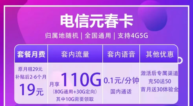 全國(guó)通用的電信流量卡套餐 4/5G通用元春卡19元110G全國(guó)流量+首免