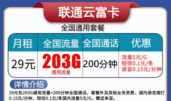 聯(lián)通云富卡29元203G流量+200分語音、天啟卡9元100G流量|純通用流量卡|無合約不虛量