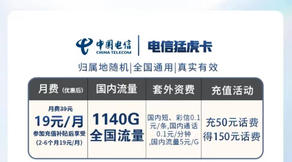 電信猛虎卡|19元月租包含65G通用+30G定向|全國通用首月免費