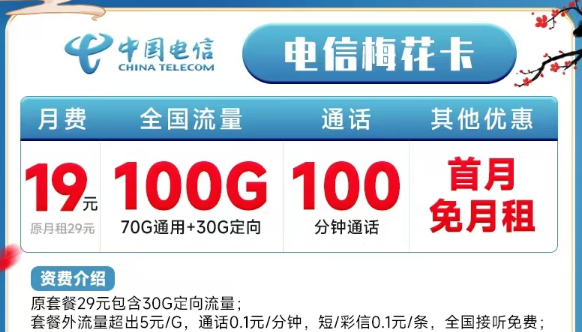 電信19元100G流量套餐|電信梅花卡|電信皖星卡19元100G通用+30G定向|流量+100分鐘語音