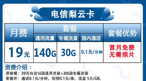 還找不到好用實惠的優(yōu)秀流量卡|來看看這張電信梨云卡|19元包140G通用+30G定向+首免