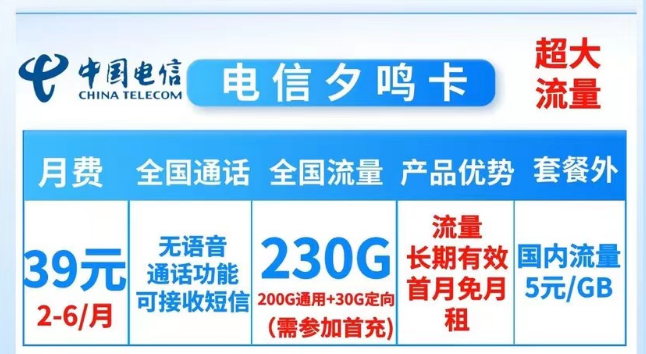 就沒有流量多的電信純流量卡了嗎？當然有！電信夕鳴卡39元230G大流量|19元順和卡165G流量