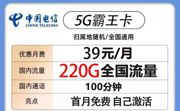 200G以上的電信流量卡有沒有？電信5G霸王卡39元220G流量+100分鐘|電信火鳥卡19元180G