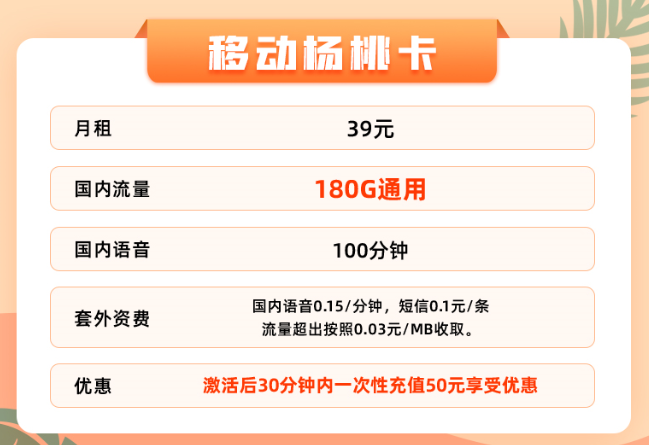 超值福利嗨翻天！超低月租大流量|移動楊桃卡+19元移動本地卡