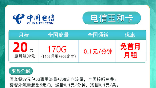 小成本大享受！電信玉和卡|20元月租包含170G流量