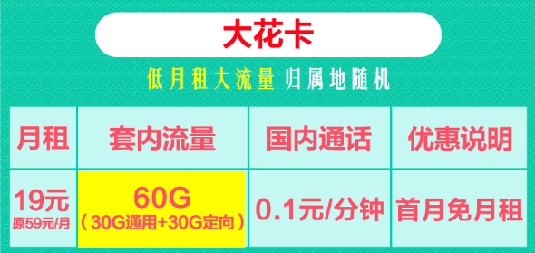 19元聯(lián)通大花卡60G流量+29元聯(lián)通黃金卡204G通用+100分鐘！